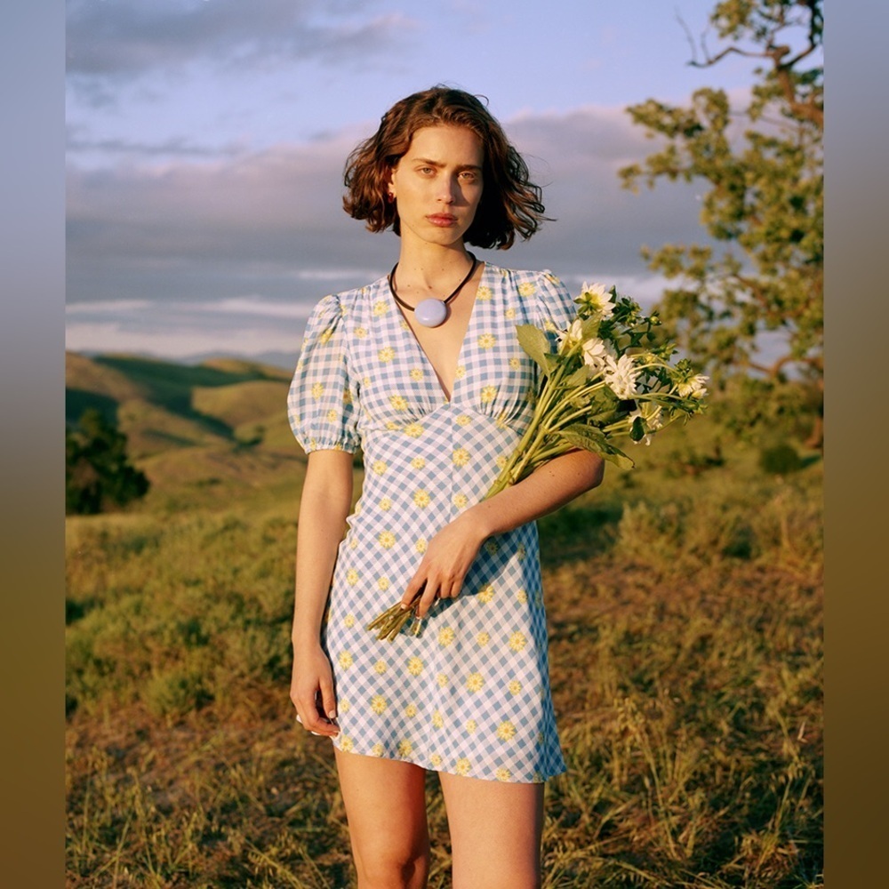 NWT STAUD 90s Daisy Gingham Plaid Puff Short Sleeve Cottage Prairie Mini Dress 2